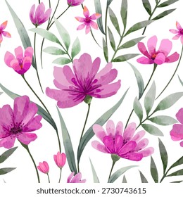 Padrão floral sem costura com lírios rosa e orquídeas roxas com folhas verdes em uma bela ilustração vetorial de flor da natureza de primavera para decoração de verão
