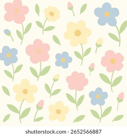 Padrão floral sem emenda com flores pastel divertidas em rosa, amarelo e azul com folhas verdes macias em um fundo de creme claro