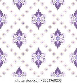 A seamless floral pattern featuring purple flowers and geometric shapes on a light background, ideal for textiles and wallpapers.