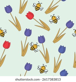 Seamless floral pattern featuring red and blue tulips in a flat vector style on a soft pale mint green background. Bright and cheerful spring design perfect for fabric, wallpaper, stationery, 