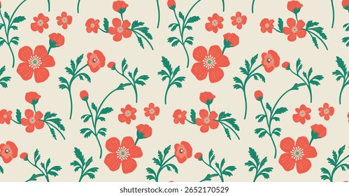 Seamless Floral Pattern featuring red flowers and green leaves on a light background. 