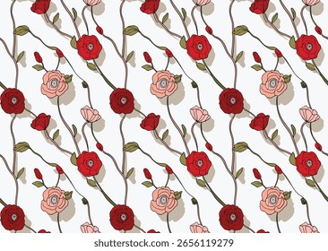 Patrón Floral Sin Costuras Con Flores Rojas Y Rosadas Con Subgrupos Verdes Sobre Un Fondo Blanco, Creando Un Diseño Repetido Y Elegante.