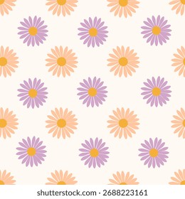 Patrón floral sin fisuras con flores de margarita retro en púrpura y naranja sobre un fondo claro