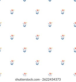 Seamless floral pattern featuring small colorful flowers on a white background, perfect for textiles, wallpapers, and other design projects that require a fresh and lively aesthetic.