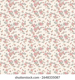 Um padrão floral sem costura com pequenas flores rosa e coral com folhas verdes em um fundo creme macio. Este design delicado e romântico é ideal para impressões de tecido, papelaria de casamento,