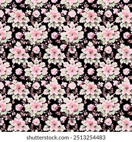A seamless floral pattern featuring soft pink blooms and lush leaves on a rich black background, perfect for fabric, textile, and interior décor, Graphic patterns Vector illustration