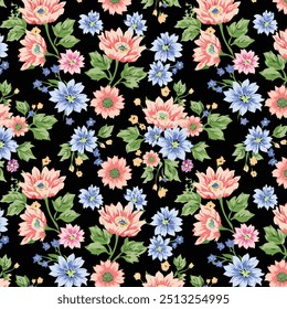 A seamless floral pattern featuring soft pink blooms and lush leaves on a rich black background, perfect for fabric, textile, and interior décor, patterns Vector illustration