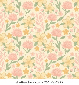 Seamless floral pattern featuring soft pastel plumeria and lotus on a modern abstract background. Perfect for fabric, wallpaper, wrapping paper, and stationery designs.