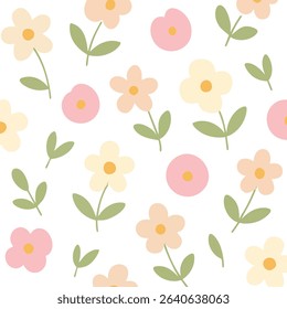 Seamless floral pattern featuring soft pink, beige, and yellow flowers with green leaves on a white background. Simple, modern, and cheerful design.