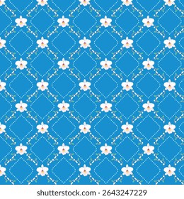 A seamless floral pattern featuring soft white orchids with pink centers arranged in a diamond lattice grid. Decorative vines and dotted lines form a structured elegant design against a vivid blue bg.