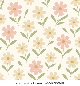 Padrão floral sem emenda com cosmos rosa macio e margaridas bege com folhas verdes em um fundo esbranquiçado. Ideal para tecido, embrulho e decoração.