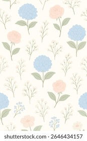 Um padrão floral perfeito com hortênsias azuis macias, rosas rosa pastel e respiração de bebê em um fundo esbranquiçado. Perfeito para têxteis, embalagem e decoração.