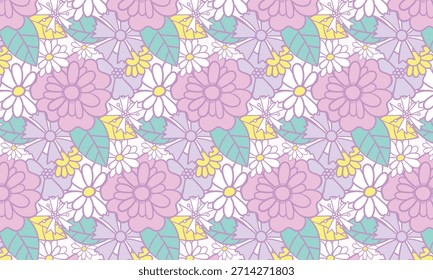 Seamless floral pattern featuring soft pastel flowers on a light lavender background.Perfect for fabric printing, walpaper, apparel, pajamas, kids clothing, stationery, wrapping paper, textile design
