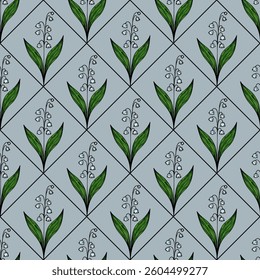 A seamless floral pattern featuring stylized lily of the valley flowers with green leaves on a light blue background. The design is symmetrical and repetitive, creating a harmonious look.