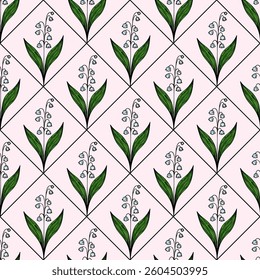A seamless floral pattern featuring stylized lily of the valley flowers with green leaves on a soft pink background. The design is arranged in a diamond grid layout.