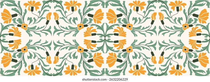 Seamless floral pattern featuring stylized yellow-orange flowers with green leaves, arranged symmetrically in an Art Nouveau-inspired design. for fashion print, fabric or wallpaper
