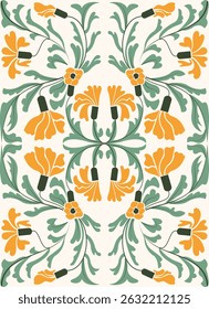 Seamless floral pattern featuring stylized yellow-orange flowers with green leaves, arranged symmetrically on a light background in an Art Nouveau-inspired design. for fashion prin or wallpapper