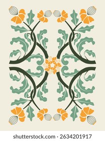 Seamless floral pattern featuring stylized yellow-orange flowers with green leaves, arranged symmetrically on a light background in an Art Nouveau inspired design. for fashion print or wallpapper