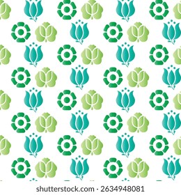 Seamless floral pattern featuring stylized teal and green blossoms on a white background