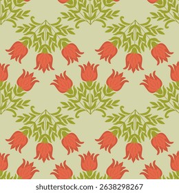 Seamless floral pattern featuring stylized red tulip flowers and green leaves on a light background. Perfect for vintage and decorative
textile, wallpapers, packaging. Vector illustration