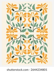 Seamless floral pattern featuring stylized yellow-orange flowers with green leaves, arranged symmetrically on a light background in an Art Nouveau-inspired design. for fashion print or wallpapper