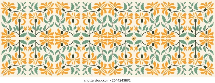 Seamless floral pattern featuring stylized yellow-orange flowers with green leaves, arranged symmetrically in an Art Nouveau-inspired design. for fashion print, fabric or wallpaper