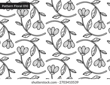 Modelo floral inconsútil que presenta las flores estilizadas con los pétalos y las hojas en los subgrupos curvos, presentados en un estilo del arte de la línea blanco y negro.