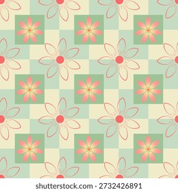 A seamless floral pattern featuring stylized pink and red flowers arranged on a light green and cream checkered background, creating a charming and decorative design.