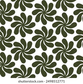 "Seamless floral pattern featuring symmetrical olive green flower designs on a white background. Ideal for fabric prints, wallpapers, and background use in various design projects.