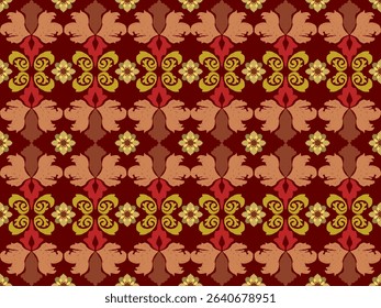 A seamless floral pattern featuring symmetrical, ornate leaves and flowers in shades of brown, red, and olive green on a maroon background.