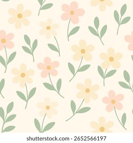 Um padrão floral sem emenda com três tipos de flores pastel com centros amarelos silenciados e folhas verdes sábias em um fundo bege macio. Projetado em um estilo minimalista e bonito.