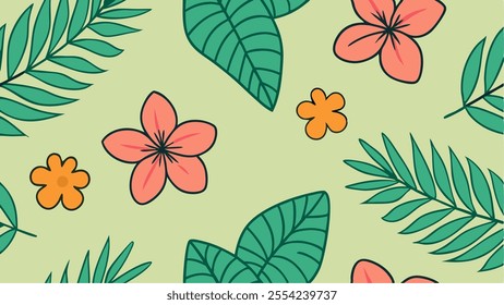 A seamless floral pattern featuring tropical flowers with layered hexagonal elements Perfect for modern designs, backgrounds, prints, and creative projects in vector illustration
