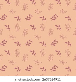 A seamless floral pattern featuring various delicate leaves in muted tones, set against a soft peach background. Ideal for use in textiles or digital designs, showcasing elegance.
