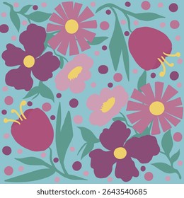 A seamless floral pattern featuring various stylized flowers and leaves in shades of pink, purple, and green, set against a light pink background with scattered purple dots.