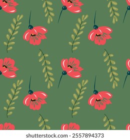 Seamless floral pattern featuring vibrant red poppies with dark green stems on a green background. Ideal for textiles, wallpapers, wrapping paper, fashion prints, and botanical-themed designs