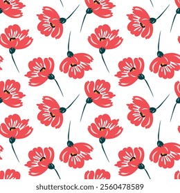 Seamless floral pattern featuring vibrant red poppies with dark green stems on a white background. Ideal for textiles, wallpapers, wrapping paper, fashion prints, and botanical-themed designs