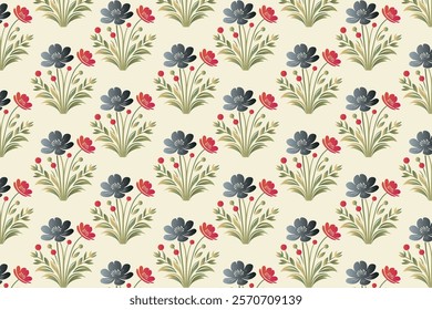 seamless floral pattern featuring vibrant red dahlias, leafy green accents, and delicate blooms ideal for textile, wallpaper, wrapping, and botanical designs