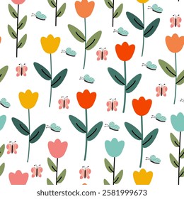 Seamless floral pattern featuring vibrant spring flowers like tulips, daisies, and other blooming blossoms. This colorful and cheerful design is perfect for seasonal decorations, textiles