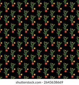 A seamless floral pattern featuring vibrant red flowers and green foliage, accented with stars. Perfect for decorative designs, textiles, or holiday backgrounds with a touch of elegance and vibrancy.
