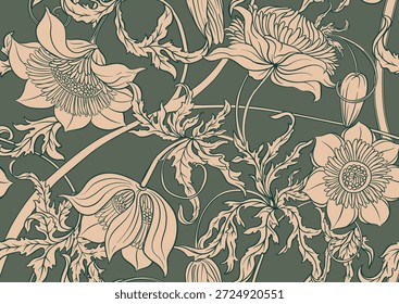 Seamless floral pattern featuring vintage botanical flowers, ornate leaves, blooming buds and elegant art nouveau elements. Perfect for textile design, wallpaper. classical engraving illustration.