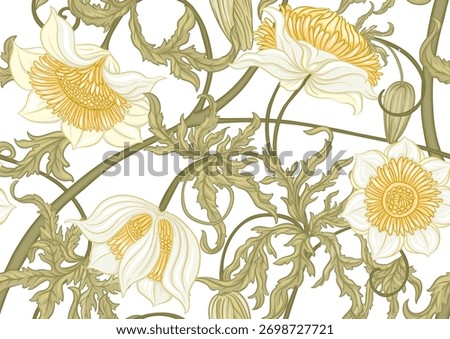 Seamless floral pattern featuring vintage botanical flowers, ornate leaves, blooming buds and elegant art nouveau elements. Perfect for textile design, decor, classical engraving illustration.