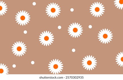 Seamless floral pattern featuring white daisies with orange centers on a soft brown background. Perfect for fabric prints, packaging, wallpapers, or digital designs.