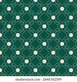 A seamless floral pattern featuring white daisies and brown vines arranged in an elegant diamond lattice design.