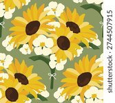 Seamless floral pattern featuring yellow sunflowers, white daisy flowers, brown centers, and olive green background, bold summer garden surface print.