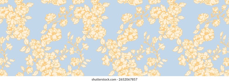 Patrón floral sin fisuras con flores amarillas con hojas delicadas sobre un fondo azul. Perfecto para textiles, Fondo de pantalla, embalaje y papelería. Diseño vibrante y femenino.