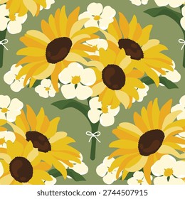 Seamless floral pattern featuring yellow sunflowers, white daisy flowers, brown centers, and olive green background, bold summer garden surface print.