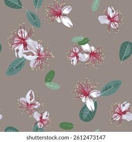 Seamless floral pattern with feijoa blossom. Blooming flowers and leaves of tropical exotic plant. Acca sellowiana. On gray background. 