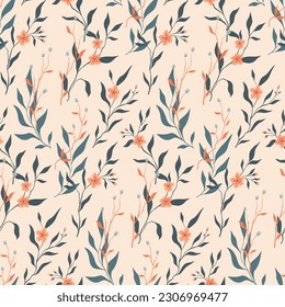 Seamless floral pattern, feminine print for fabric, paper of spring flora. Vintage botanical design: hand drawn wild plants, small flowers, branches, leaves on a light background. Vector illustration.