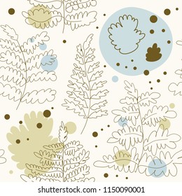 Seamless floral pattern with fern. Vector drawn pattern with floral elements. Graphic texture