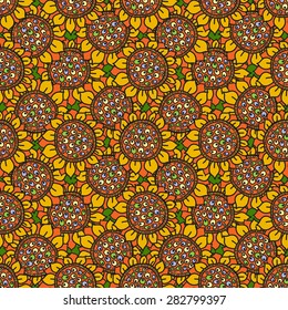 Seamless floral pattern, a field of bright, cheerful, sunny sunflowers.